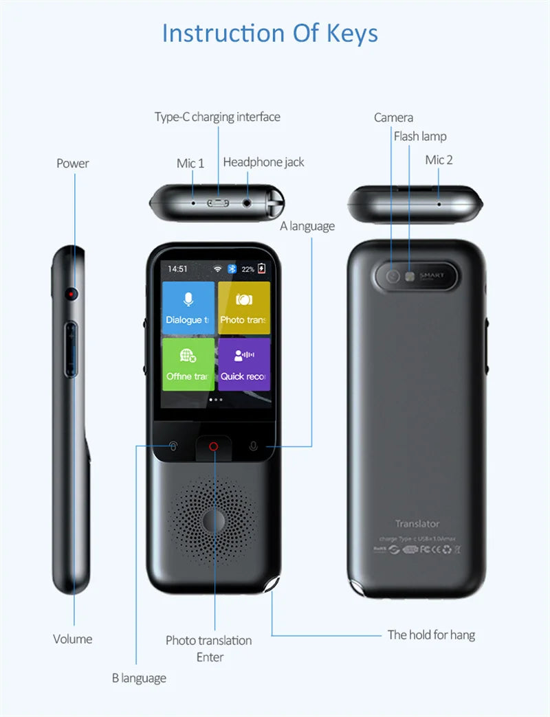 Traducteur T11 Écran tactile de 2,4 pouces Traduction intelligente en temps réel par voix et photo 134 langues Traducteur portable hors ligne - E-ZONES